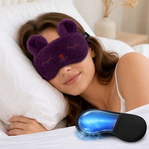 Image of Jenna Sleeping Eye Mask for Sleeping for Women Sleep Mask Blind Fold Eye Cover for Sleep Soft Plush Frog Eye Mask for Kids and Adults Eyemask Lightweight & Durable (FurHelloPurple-Gel)