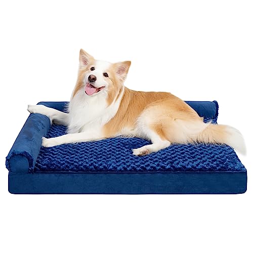 MIHIKK Orthopedic Dog Couch Bed Deluxe Plush L-Shaped with Waterproof Lining Bolster Dog Sleeping Sofa with Removable Washable Cover & Nonskid Bottom Pet Bed for Large Dogs, Blue
