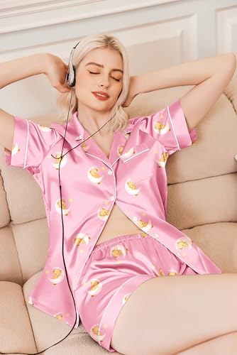 Image of Ekouaer Silk Pajamas for Women Funny Teddy Sleepwear Comfy Short Sleeve Button Down Loungewear Satin Pjs Shorts Set,Pink,XXL