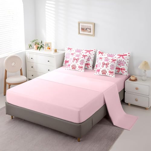 Image of Pink Bow Bedding Sets 7 Pcs Queen Watercolor Grid Bowknot Girly Comforter Set Pink Red Heart Kiss Leopard Paw Print All Season Comforter Flat Sheet Fitted Sheet 2 Pillowcases 2 Throw Pillow Covers
