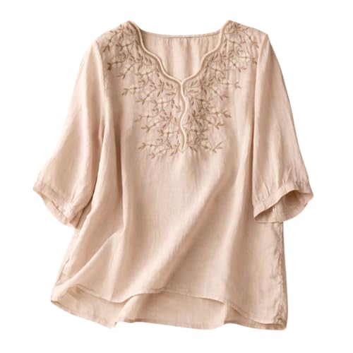 Image of RIEKA Womens Elegant Beige Floral Embroidered Tunic Top with Scalloped V Neck, Elbow Length Sleeves, Relaxed Fit, Lightweight, Casual Ethnic Style Top