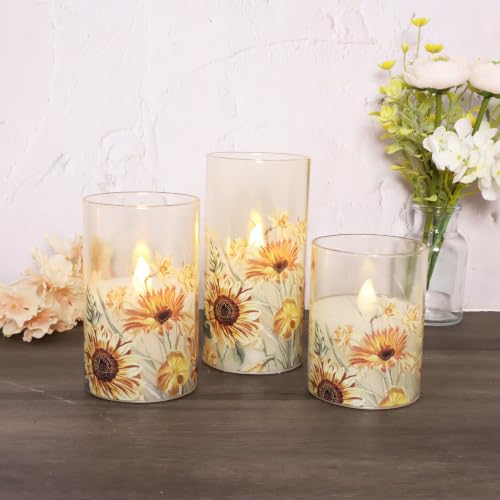 Image of MELTONE Fall Sunflower Flameless Candles with Remote Timer Real Wax Flickering Battery Operated Glass Candles - Home Party Bedroom Birthday Christmas Autumn Decorations