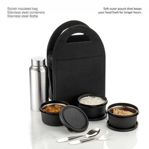Image of NARIYA Lunchbox Set with 3 Leak-Proof Container, 1 Steel Bottle and Steel Spoon Set for Office and School (Black)