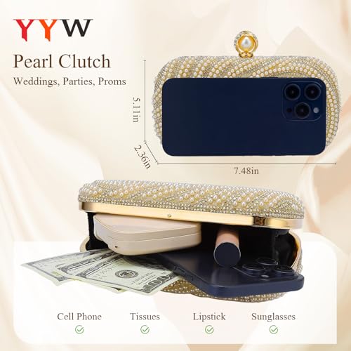 Image of YYW Womens Pearl Clutch Purse Evening Handbags Beaded Bag for Wedding Bride Party with Chain