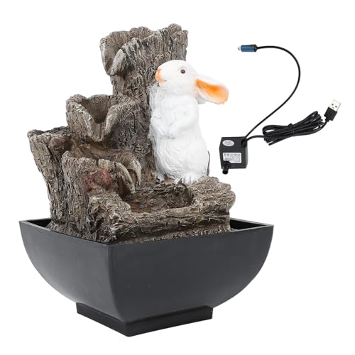 Lybunair Bunny USB 5V LED Resin Tabletop Tiered Water Fountain Indoor Waterfall Meditation Fountain for Study Room Office Desk