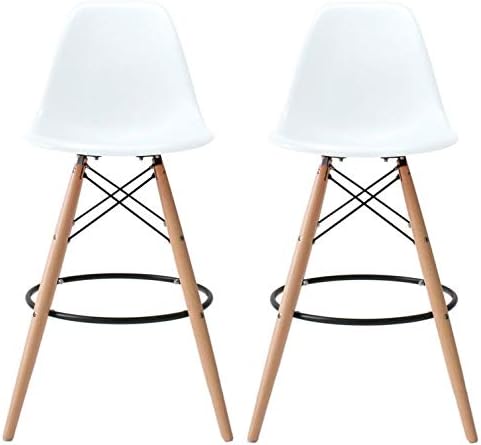 2xhome Set of 2 White 25" Seat Height DSW Molded Plastic Modern Counter Stools with Back Armless Side Natural Wood Eiffel Legs Dowel Kitchen Shell Mid Century Modern