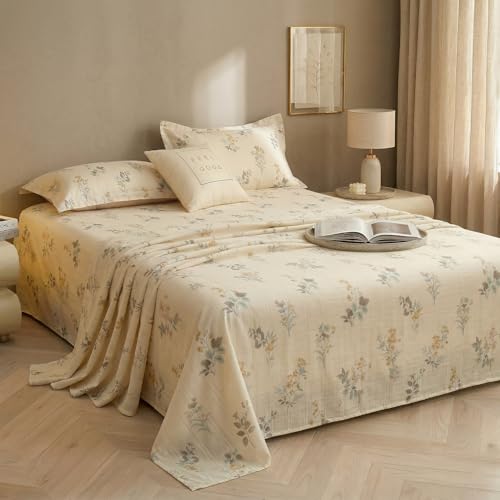 Image of BSB HOME Cloud Cotton King Size bedsheet | Flatsheet Summer Sheet with Two Pillow Covers | Super Soft Bed Sheet for King Size Bed Durable| Floral Design (270 x 250 cm, Off White & Botanical Mustard)