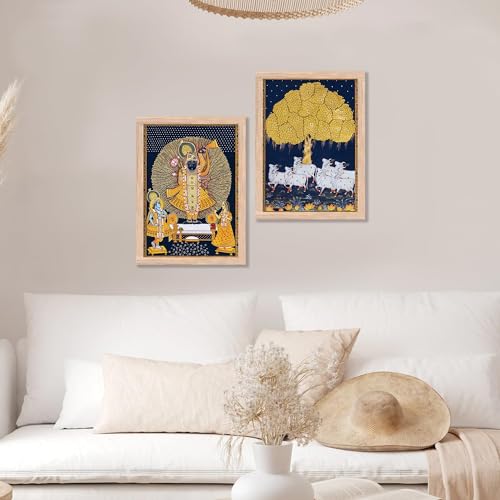 Image of kotart Premium Traditional Wall Art Set of 2 | Kamdhenu Cow Painting | MDF Wooden Framed Pooja Room & Living Room Wall Decor (Art 2, 14x20 Inch)