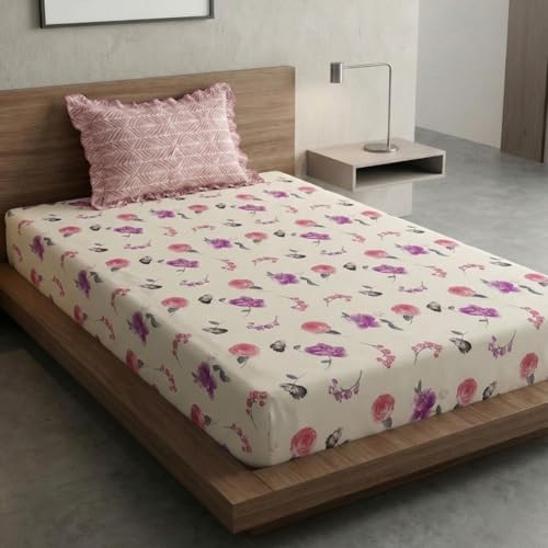 Image of Home Sizzler 210TC Pastel Rose Garden Elastic Fitted Single Bedsheet (72X36 Inch) with 1 Pillow Cover