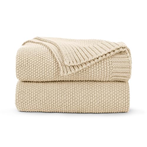 CozeCube Beige Throw Blanket for Couch, Soft Cozy Cable Knit Throw for Bed Sofa Living Room, Lightweight Warm Decorative Farmhouse Christmas Blanket, 50