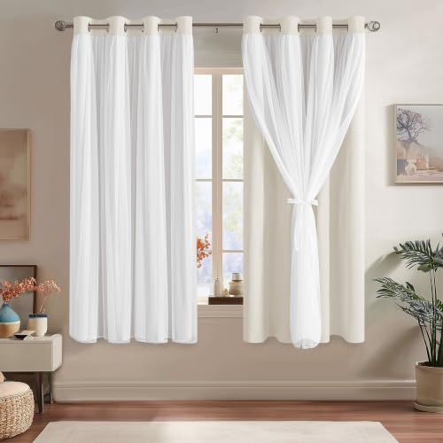 Hiasan Room Darkening Window Curtains 2 Panels with White Sheer Overlay, Grommet Double Layer Curtain Drapes 63 Inches Length Sewn with Tiebacks for Bedroom/Kids/Nursery, Ivory, 52 Inches Width by Hiasan - Used condition - CA$41.39