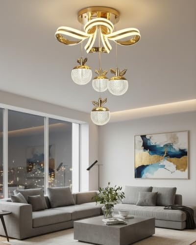 Image of swanart Applora Modern LED Apple Hanging Ceiling Light, Decorative Gold Chandelier, Designer Ceiling Light, Pendant Light for Living Room, Bedroom & Dining Room