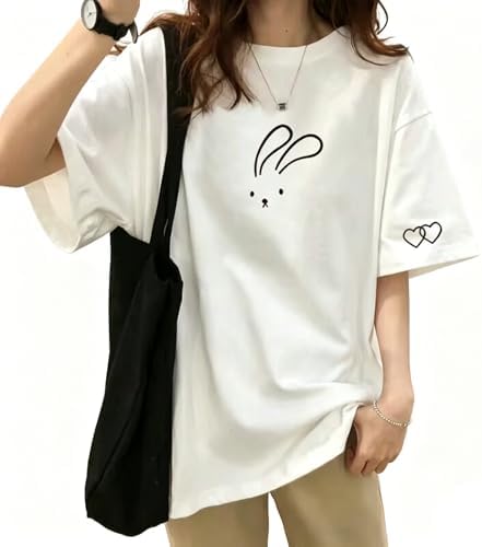 [Mou-Cloud] Women's Short-Sleeved T-Shirt with Rabbit and Heart Design, 100% Cotton, Relaxed Fit, Casual, Cute, Plus Sizes, Spring/Summer, Suitable for School and Commuting