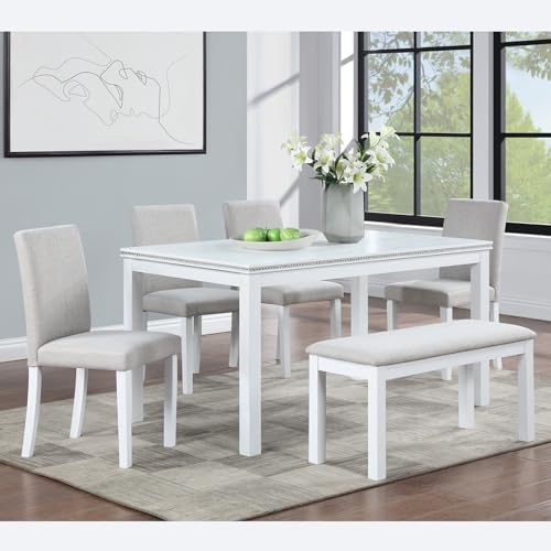 Image of KEIKI 6-Piece Standard Height Dining Table Set with Rectangular Table, 4 Upholstered Chair, Bench, for 6 Person, Modern Crystal Decoration Table Set, Easy Assembly, for Kitchen, Dining Room, White