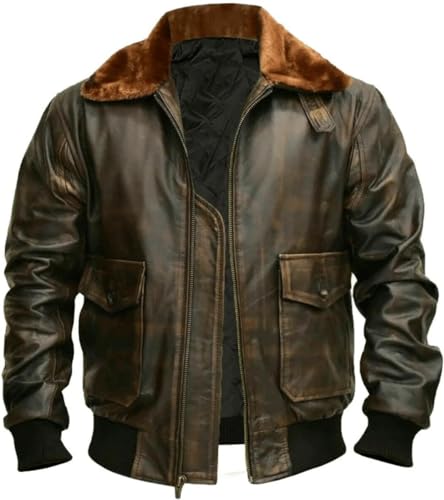 Mens G-1 Fur Collar US Navy Flight Distressed Brown Aviator Genuine Leather Jacket4