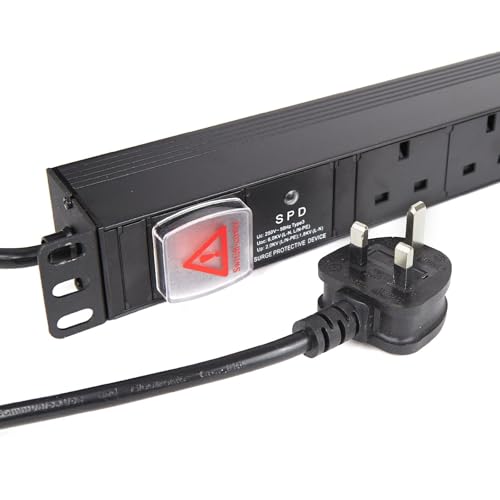 Image of kenable PDU Power Distribution Unit 6 Way UK Sockets Surge Protected 19 Inch Rack Mount 1U Horizontal Switched with 5m Cable