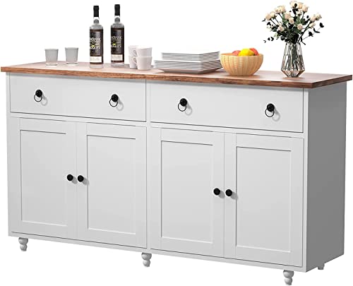 Sideboard Buffet Cabinet, 55’’ White Buffet Cabinet With Storage, Kitchen Buffet Storage Cabinet With 2 Drawers & 4 Doors, Mid-Century Modern Credenza With Adjustable Shelf For Living Dining Room #TOP7