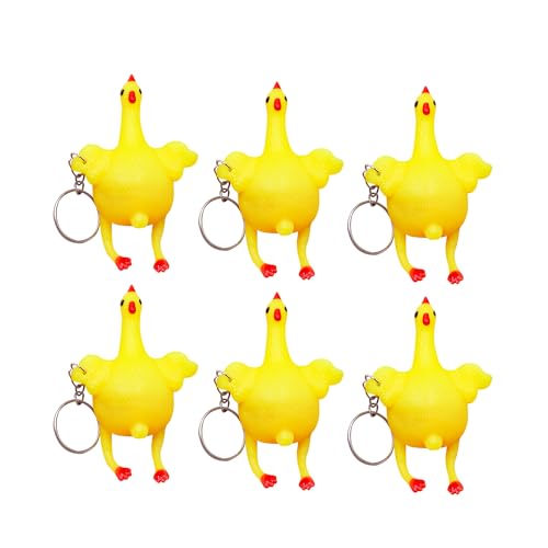HIXNUG 6 llaveros de juguete de gallina para apretar y poner huevos de gallina, llavero divertido de pollito, adornos de goma para pollos