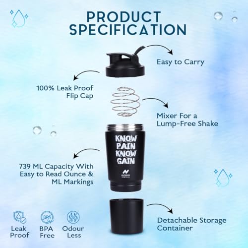 Image of Stainless Steel Shaker Bottle for Protein, 590ml Water Bottle with Extra Compartment | Leak-Proof, BPA-Free, Durable, and Multi-Functional for Protein Shakes (Black)