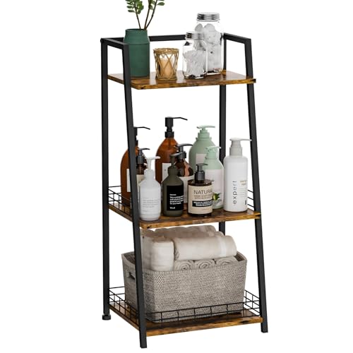 3-Tier Bathroom Shelf with Fence, Retro Bathroom Organizers and Storage Stand, Wood Shelving Unit with Metal Frames, Classic Open Floor Storage Shelves for Bathroom, Laundry Room, Living Room