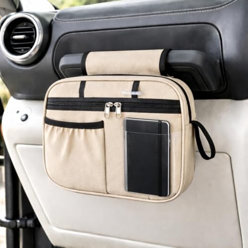 Image of Grab Handle Bag | Dashboard Grab Handle Storage Organiser Bag | 2 Compartments with Transparent Pocket | Compatible with Thar, Jimny, Gypsy, Jeep, Gurkha and other SUVs and Car | PU Leather (Beige)