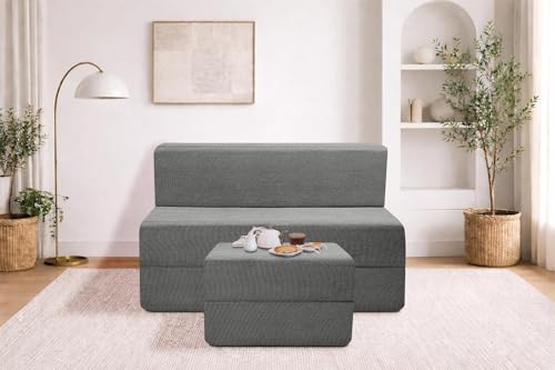 Image of Rosebell Foldable Sofa-Cum-Bed with Ottoman | 3-in-One Foldable Sofa, Lounger & Bed-3x6 Feet One Seater- Perfect for Home & Office -Grey-Color