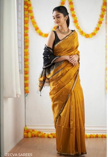 ZECVA-Womens-Pure-Spun-Linen-Cotton-Lichi-Silk-Saree-With-Attach-Unstitch-Blouse-Piece-MUSTARD-BLACK ZECVA Women's Pure Spun Linen Cotton Lichi Silk Saree With Attach Unstitch Blouse Piece (MUSTARD BLACK)