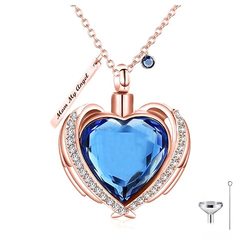 Solid Gold Heart Urn Necklace for Ashes 10K 14K 18K Real Gold Custom Cremation Urn Pendant Necklace with Blue Crystal, Personalized Memorial Keepsake Necklace for Women3