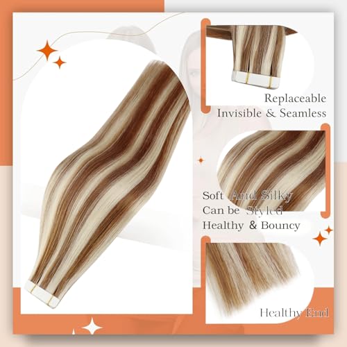 Image of Full Shine Tape in Extensions Color 330 Copper Brown Highlighted 800 Blonde 12Inch Short Double Sided Tape in Hair Extensions Human Hair 30Gram Remy Straight Skin Weft 20Pcs for Women