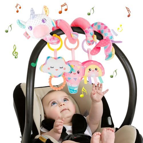 Funsland Espiral Carro Bebe Juguetes - Juguete Colgante Espiral Actividades con Musica y Sonajero, Juguetes Recien Nacido 0 3 6 12 Meses, Peluches para Bebes Niños y Niñas Regalos Originales, Rosa