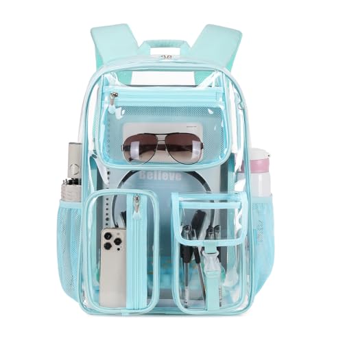 Image of Clear Backpack Heavy Duty For Stadiums Events,Light Blue 16inch TPU BookBag | See Through Plastic Stitch Durable Design 6-Pocket For School Boys Adults work Airport Quick Security,Large capacity backpack