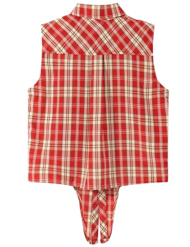 Image of Noomelfish Girls Sleeveless Plaid Button Down Shirt Tie Knot Blouse Tank Tops, Red Plaid, Size 5-6 Years
