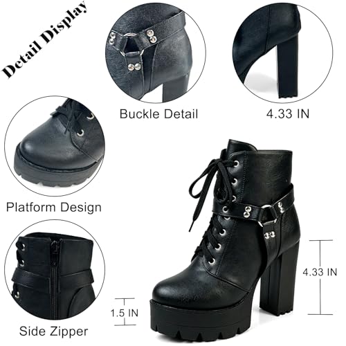 Image of MEOTINA Women Platform Boots Black Chunky Heel Ankle Booties Lace Buckle Combat Boots with Zipper High Heel Goth Shoes