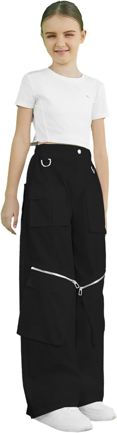 Cromoncent Girls' Cotton Baggy Cargo Pants Multi Pockets Y2K Pants with Two Zippers, Black, 7-8 Years = Tag 140