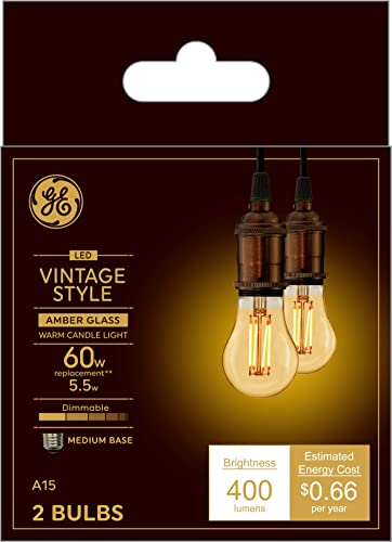 GE Lighting VintaStyle LED Light Bulbs 5.5 Watts (60 Watt Equivalent) Warm Candle Light Amber Glass Medium Base Dimmable (2 Pack)