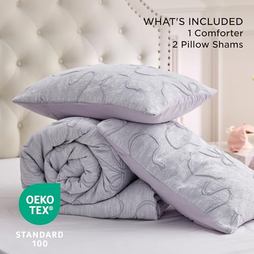 Bedsure Full Size Comforter Set, Light Purple Boho Tufted Bed Set, 3D Puffy Jacquard Bedding Full Size, 3 Pieces, 1 Farmhouse Shabby Chic Embroidery Comforter with Bow Pattern & 2 Pillow Cases