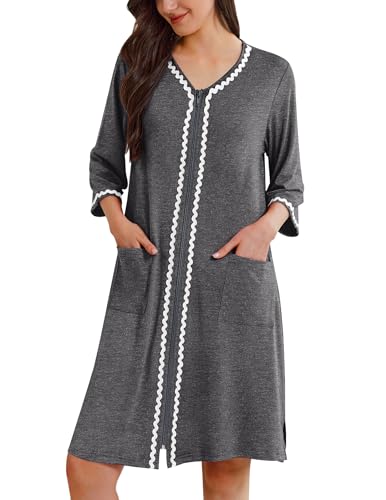 Image of Ekouaer Zipper Robes for Women 3 /4 Sleeves Lightweight House Coat Zip Up Bathrobe Soft Nightgown with Pockets S-3XL