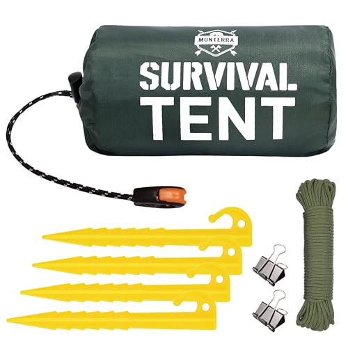 Monterra Emergency Tent, 2 Person Survival Shelter, Thermal Mylar, Waterproof, Outdoor Camping Gear and Equipment, Survival Kits, Compact Bivvy Tarp, Includes Paracord and Accessories.