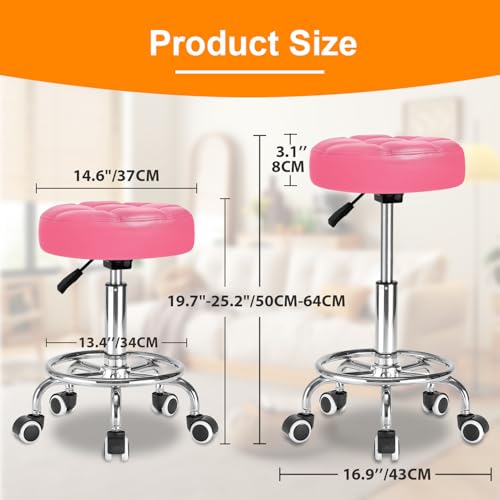 Image of Rolling Stool PU Leather Round - Ultra Soft Padded Seat Cushion Stool with Wheels with Footrest, Weight Capacity 300lb,Adjustable Height Stool for Tattoo Massage Salon Medical Spa Center (Pink)