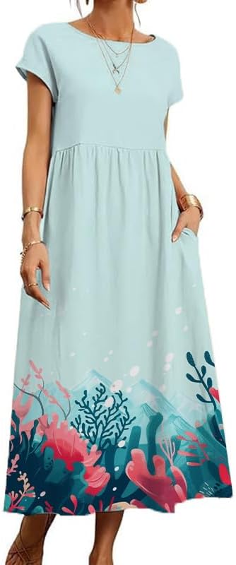 Boho Maxi Dress Floral Cap Sleeve High Waist Smocked Flowy Casual Church Summer Lon...