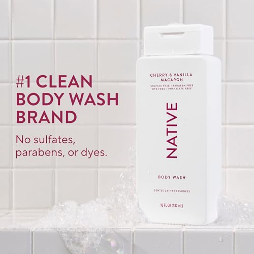Image of Native Clean Body Wash, Gentle & pH-balanced for Sensitive Skin, 24-Hr Freshness for Women & Men, Vegan & Cruelty-Free, Free of Sulfates & Parabens, Cherry & Vanilla Macaron, 18 fl oz