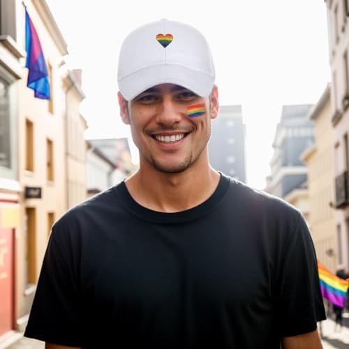 Image of LGBT Pride Baseball Hat, Embroidered Rainbow Heart Hat, Adjustable Gay Lesbian Love Cap for Men Women