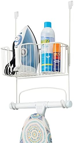 mDesign Steel Metal Over Door Ironing Board Holder with Large Storage Basket for Laundry, Utility, Mudroom, Garage - Holds Iron, Board, Spray Bottles, Starch, Detergent, Fabric Refresher - White