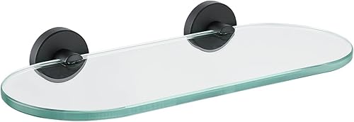 JQK Estante de cristal para baño negro, almacenamiento de ducha de vidrio templado de 12 x 5 pulgadas, montaje en pared negro mate de acero