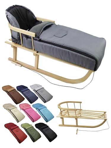 BambiniWelt Holzschlitten mit Rückenlehne & Zugseil + Winterfußsack 108...