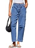 Dokotoo Baggy Jeans for Woman Casual High Waisted Elastic Stretch Cargo Jeans for Women Loose Drawstring Soft Cotton Breathable Straight Wide Leg Zipper Up Denim Pants with Pockets Sky Blue Size 10