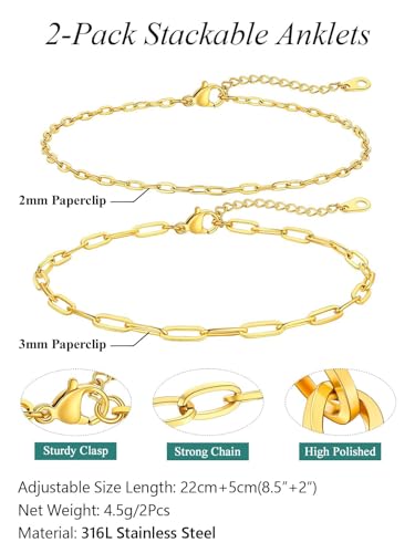 Image of FaithHeart Waterproof Ankle Bracelets for Women, 1 /2 /3Pcs Non Tarnish Stainless Steel Layered Anklet Set Paperclip Figaro Cuban Link Chain Dainty Summer Beach Jewelry Gift Adjustable Size