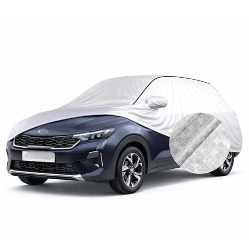 Image of SEAZEN Waterproof Car Cover for Kia Sonet | Dustproof, UV & Scratch Resistant Soft Cotton Lining | Triple Stitched, Mirror Pockets & Elastic Hem | Metallic Silver with Black Piping