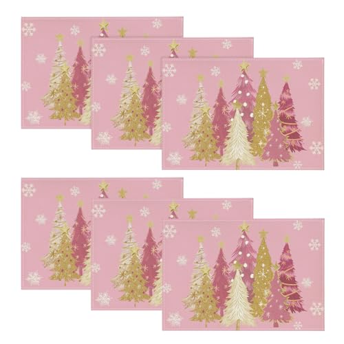 Artoid Mode Pink Xmas Trees Snowflakes Winter Placemats Set of 6, 12x18 Inch Seasonal Christmas Table Mats for Party Kitchen Dining Decoration
