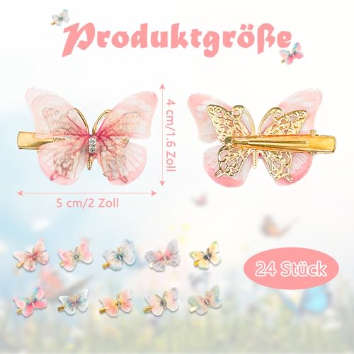 24 Stück Haarspangen Mädchen, Kleine Haarschmuck Kinder Mädchen Bunte Haarspange Schmetterling, Glitzer Kinder Haarschmuck 3D Schmetterling Haarklammer für Frauen, Mädchen und Kinder